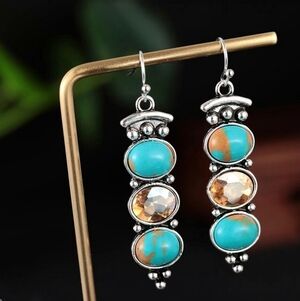 NEW Synthetic Turqouise Dangle Earrings Silvertone Boho Cowgirl Western Hook